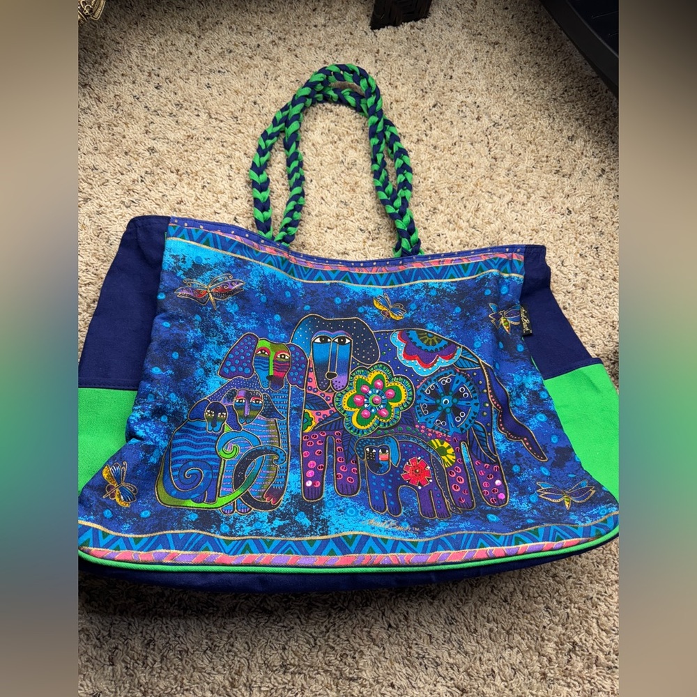 Laurel Burch Canvas Purse Tote  Hobo Bag   Blue/Green Dogs Canine Family